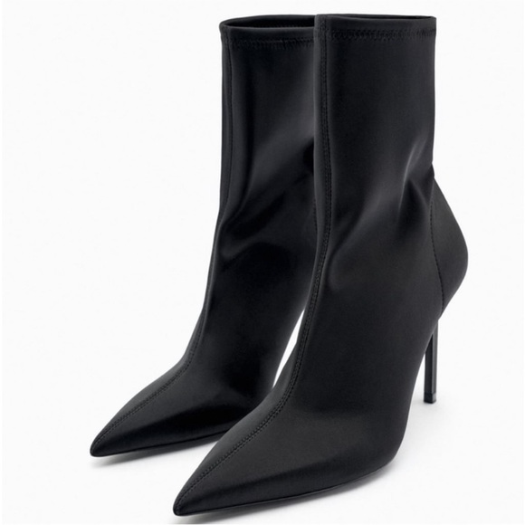 Zara NWT black stretch fabric ankle stiletto heeled pointy toe boots - Picture 4 of 7